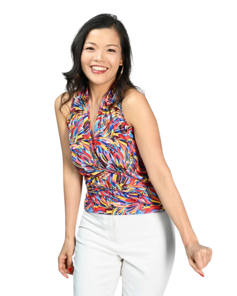 Signature  Sleeveless Faux Wrap Top - Feathery Vibes Print