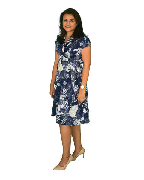 Flared A-Line Wrap Dress with Cap Sleeves - Botanic Print