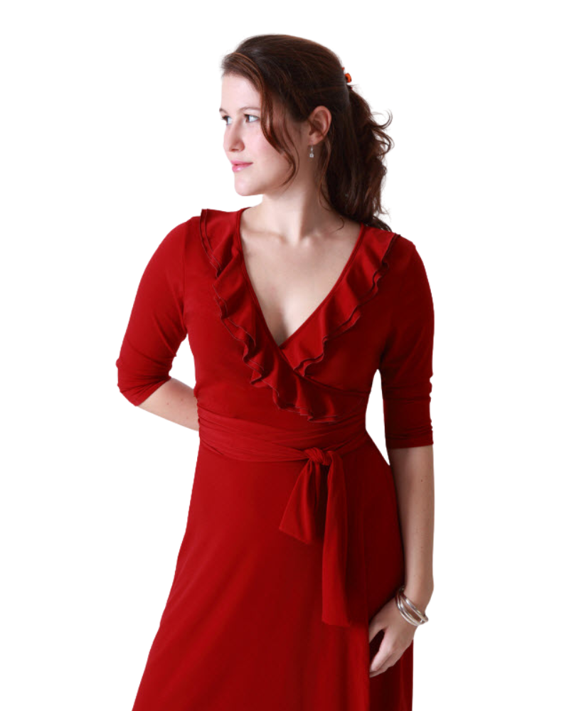 A-Line Wrap Dress with 3/4th Sleeves and Frill