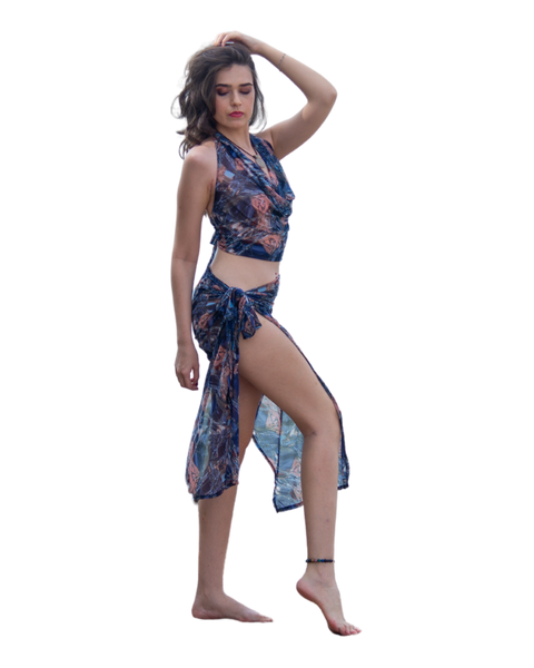 Sarong Set - Tie Back Top and Sarong Skirt with Slit - Joyous Blues Print