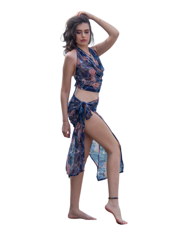 Sarong Set - Tie Back Top and Sarong Skirt with Slit - Joyous Blues Print