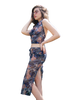 Sarong Set - Tie Back Top and Sarong Skirt with Slit - Joyous Blues Print