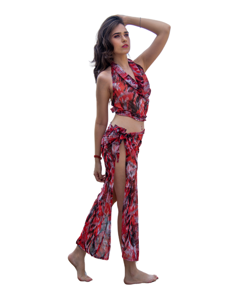 Sarong Set - Tie Back Top and Sarong Skirt with Slit - Dusky Reds Print