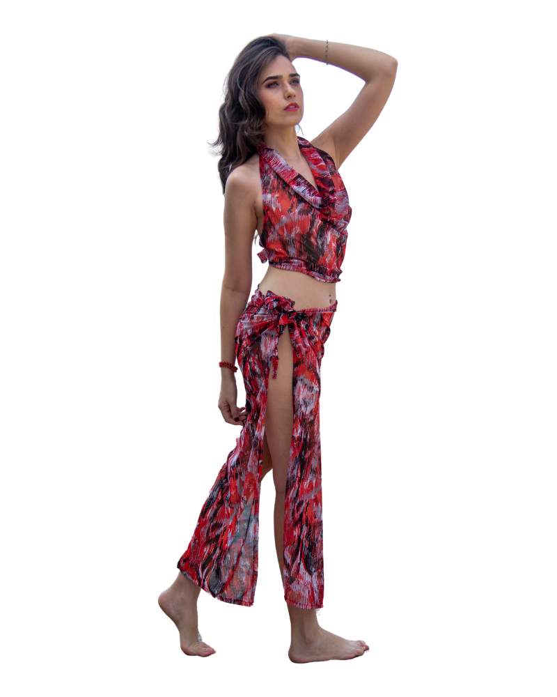Sarong Set - Tie Back Top and Sarong Skirt with Slit - Dusky Reds Print