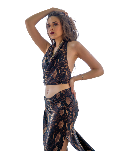 Sarong Set - Tie Back Top and Sarong Skirt with Slit in Animal Print