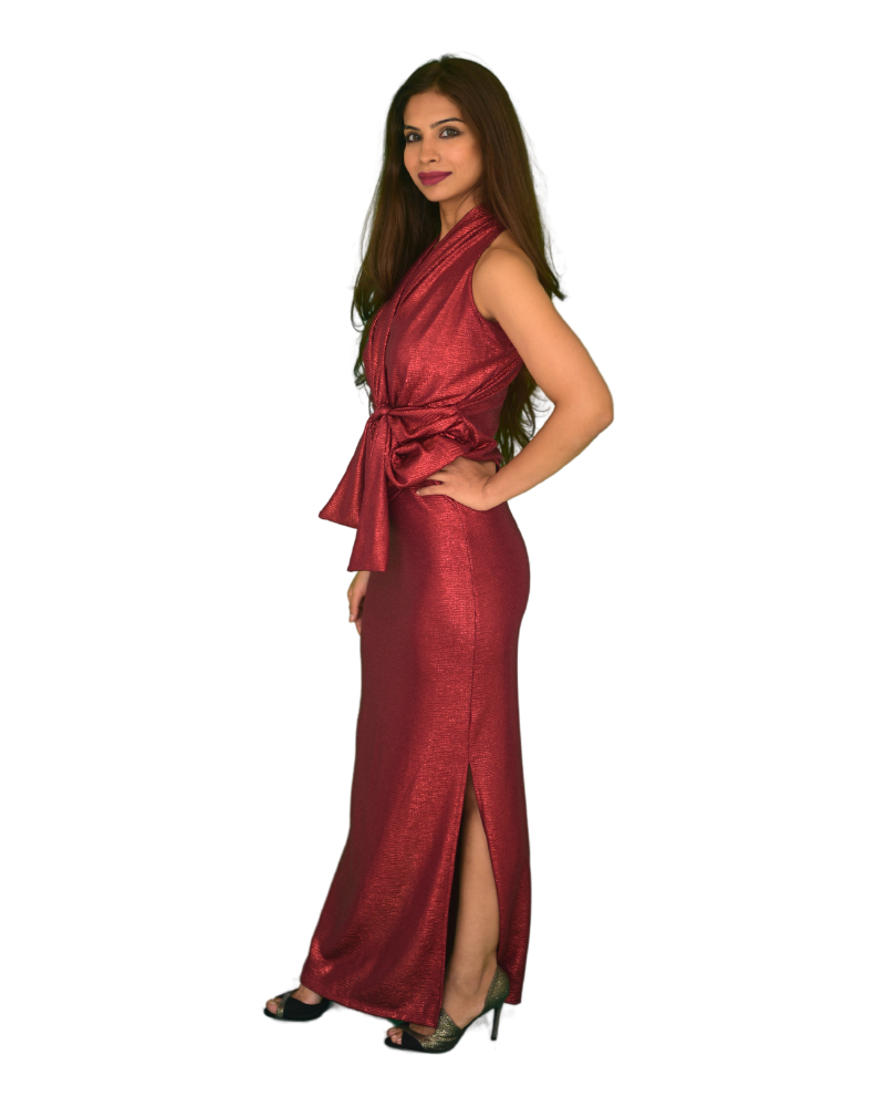 Sleeveless Fan Belt Multi Way Faux Wrap Top - Shiny Foil Red