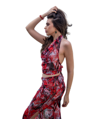 Sarong Set - Tie Back Top and Sarong Skirt with Slit - Dusky Reds Print