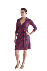 A-Line Wrap Dress, 3/4th Sleeves with Collar - Zig Zag Print