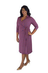 A-Line Wrap Dress, 3/4th Sleeves with Collar - Zig Zag Print