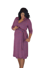 A-Line Wrap Dress, 3/4th Sleeves with Collar - Zig Zag Print